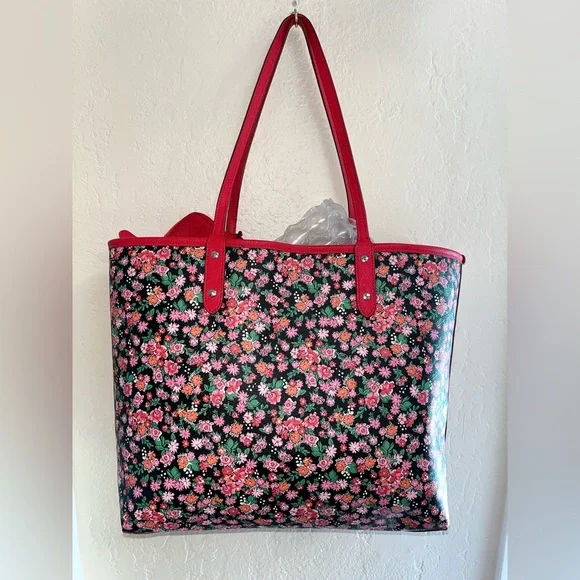 Coach Reversible Red and Pink Floral Tote Bag with wristlet. - Picture 5 of 16